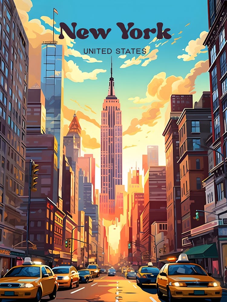 New York United States Sunrise Travel Art Illustration
