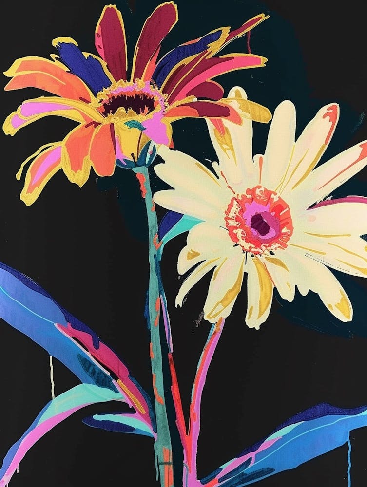 Neon Flowers On Black Gerbera Daisy 2