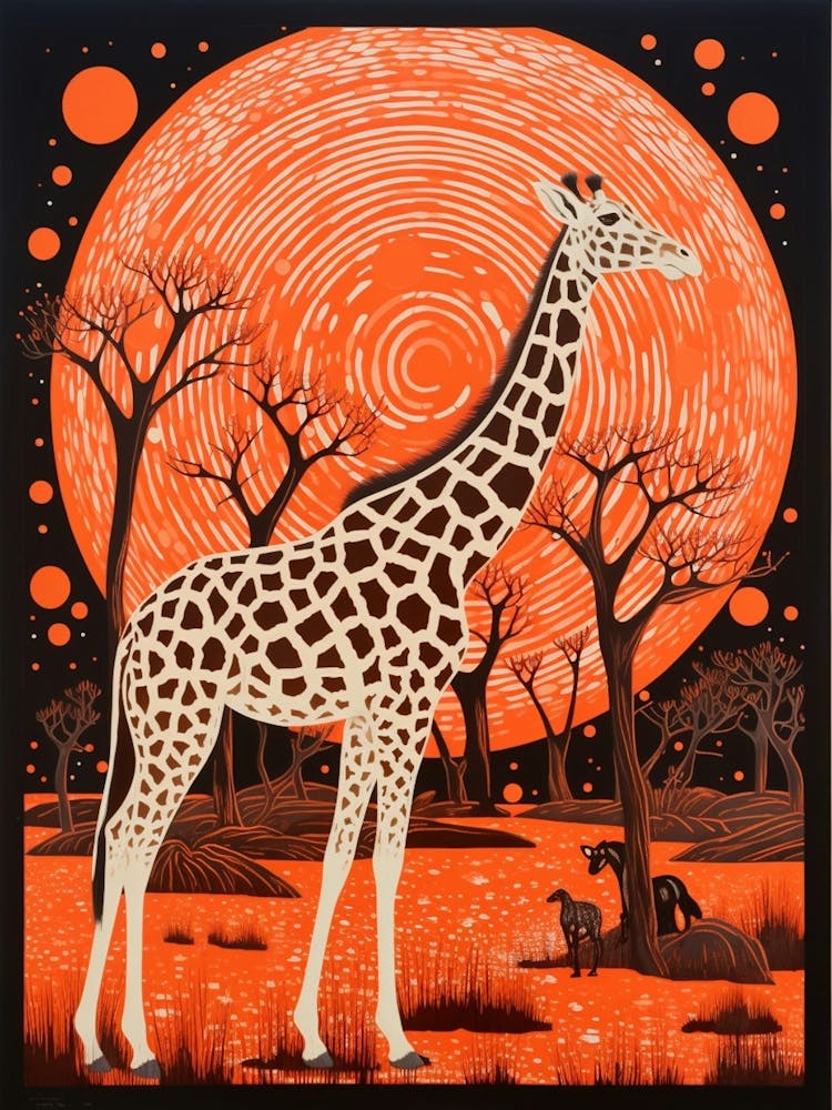 Orange Linocut Inspired Giraffe In The Sunset
