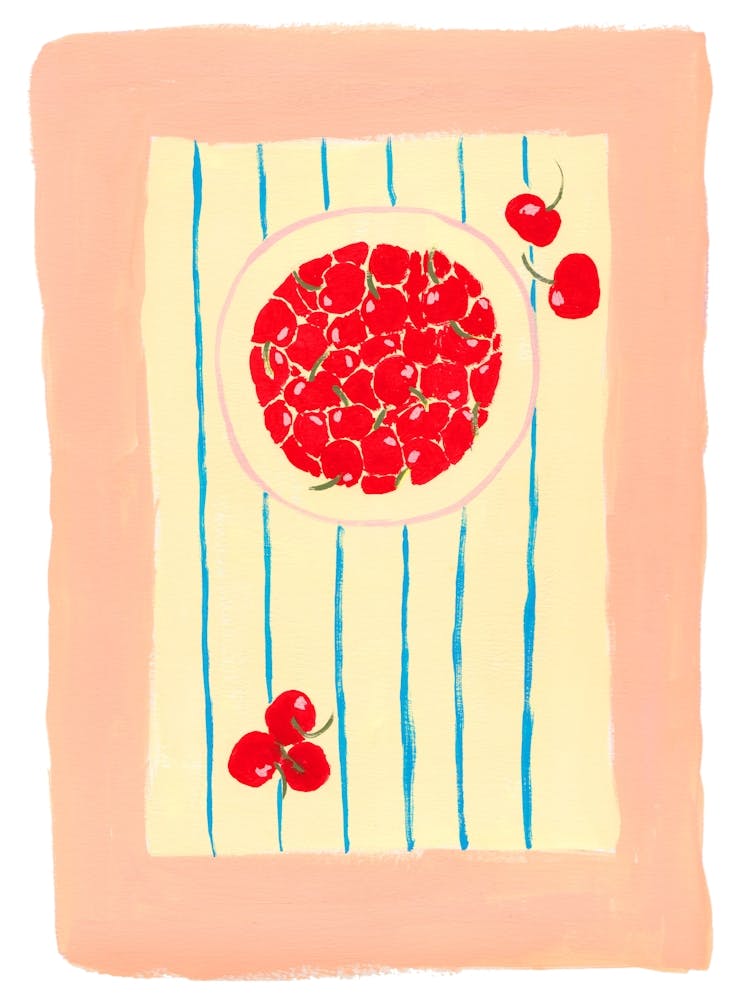 Bowl of cherries on stripes