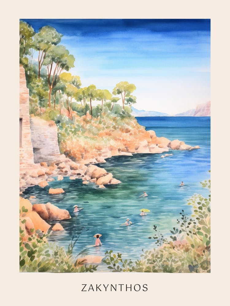 Swimming In Zakynthos Greece 3 Watercolour Poster