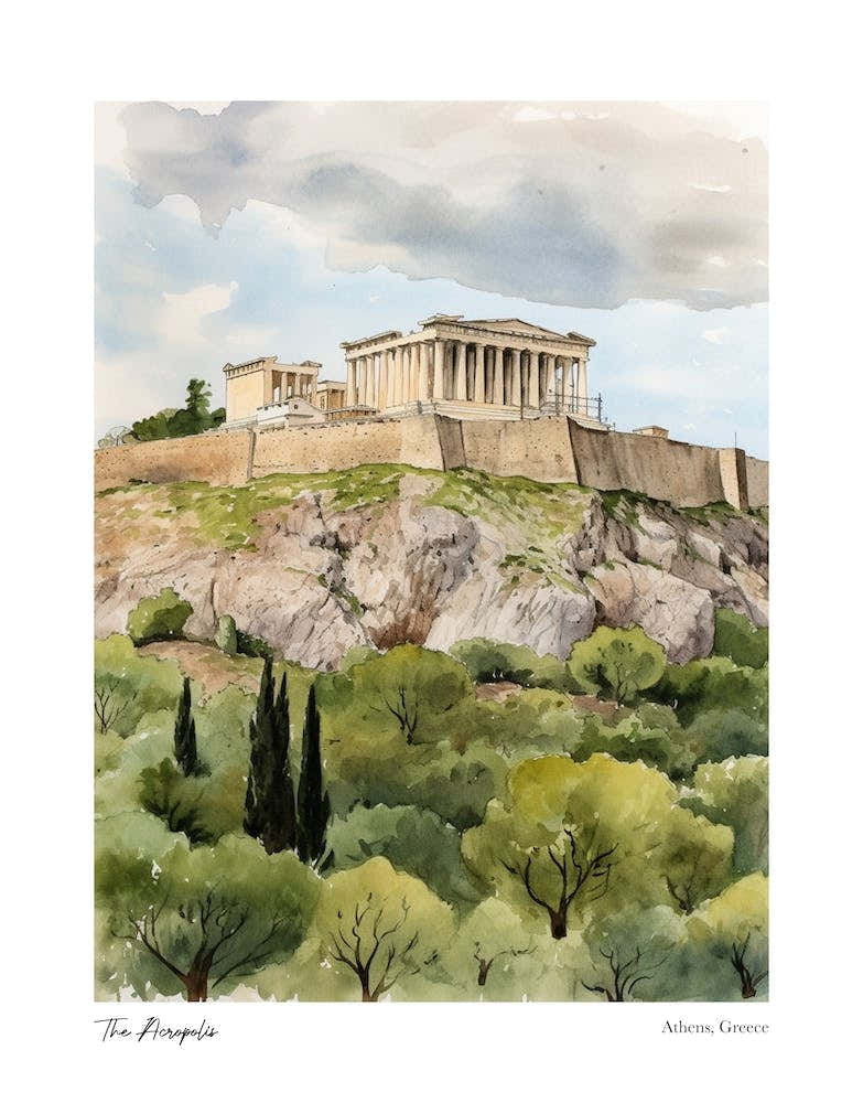 The Acropolis, Athens 4 Watercolour Travel Poster