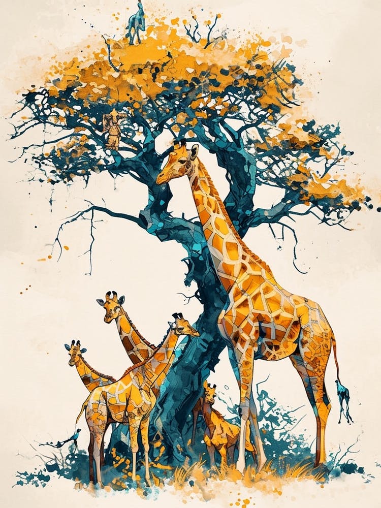 Giraffe Herd Under The Tree Watercolour 6