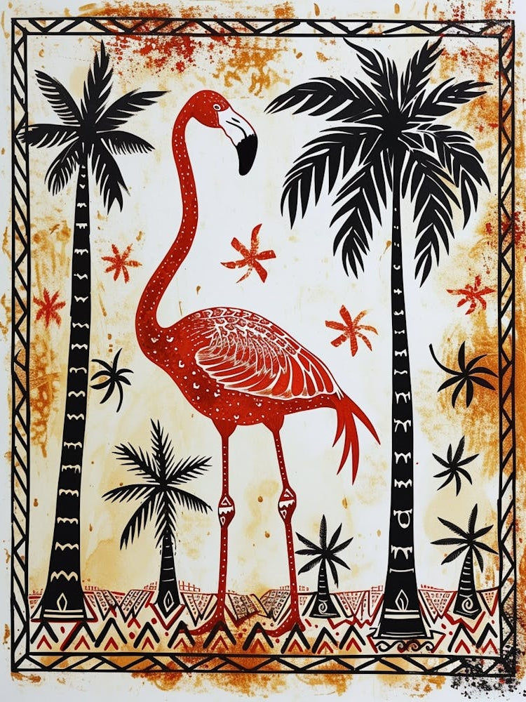 Greater Flamingo And Coconut Trees Boho Print 2