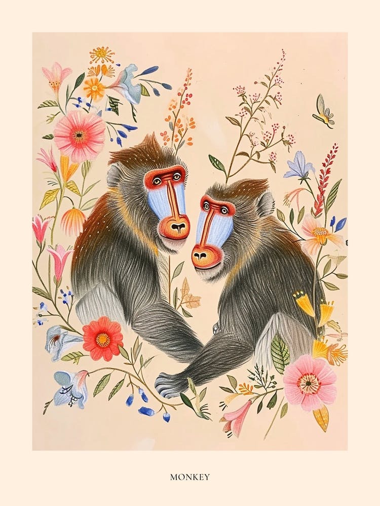 Folksy Floral Animal Drawing Monkey Poster