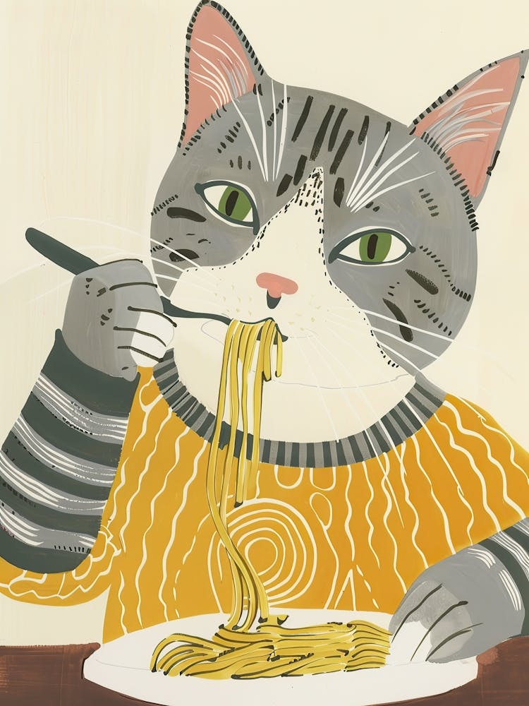 Grey White Cat Eating Pasta Folk Illustration 1