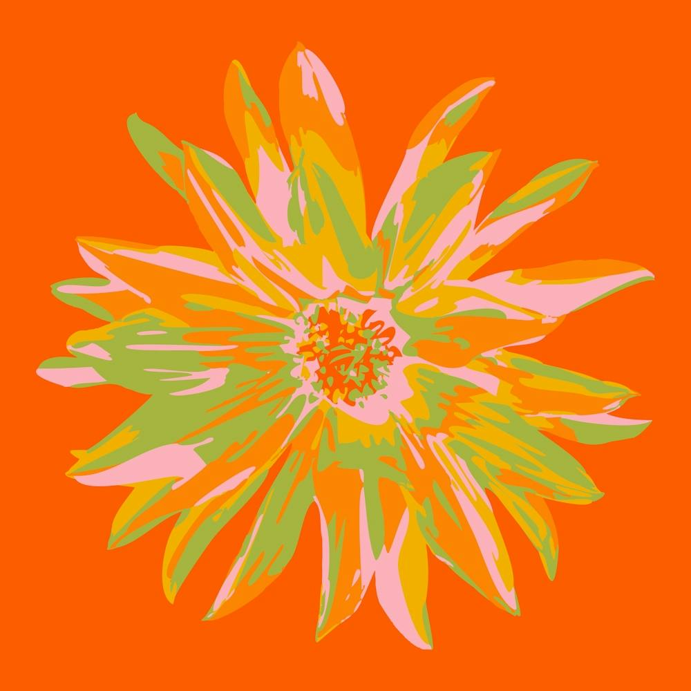 DAHLIA BURSTS Single Abstract Blooming Floral Summer Bright Flower in Orange Yellow Blush Lime Green on Orange