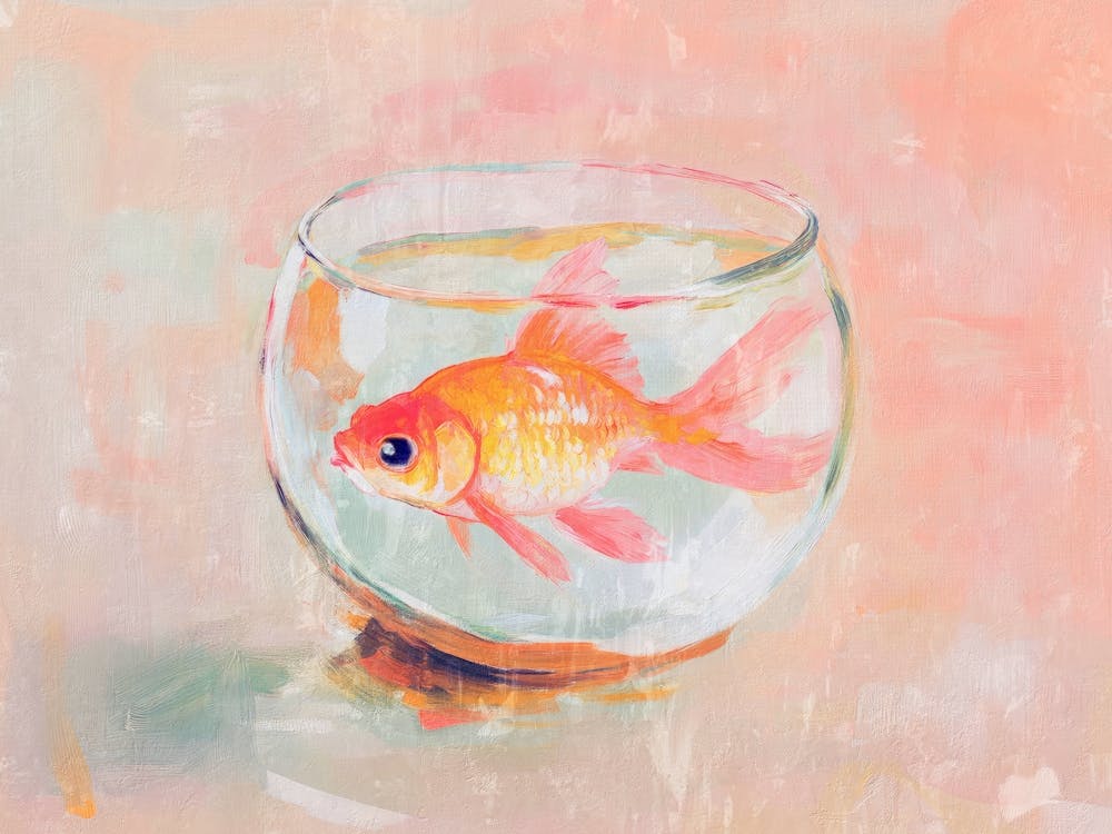 Goldfish in glass bowl painting in Soft pastel for coastal or beachy decor, Minimalist still life Pink and Coral cute wall art for bathrooms and kitchens, Whimsical artwork for kids rooms and nusery