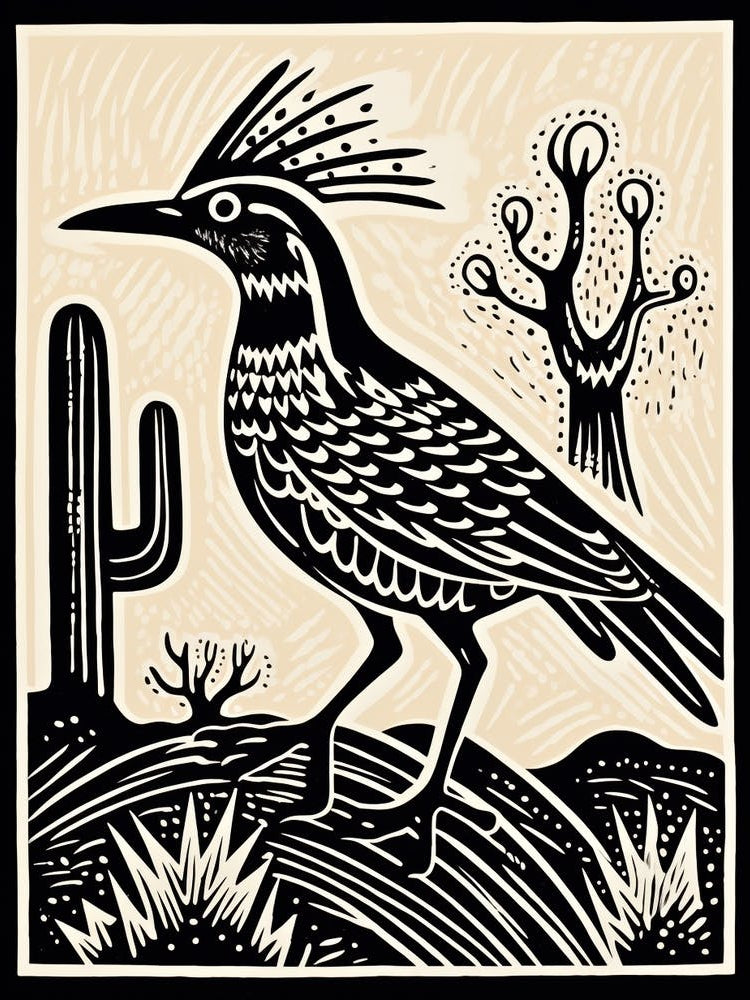 B&W Bird Linocut Roadrunner 4