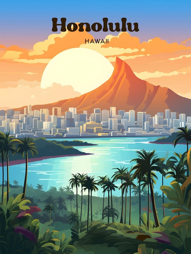 Honolulu Hawaii Nature Travel Art Illustration