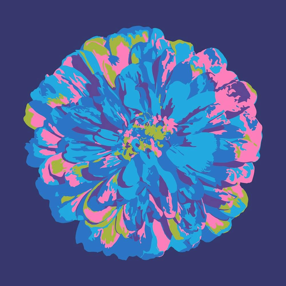 CHRYSANTHEMUMS Single Abstract Polka Dot Floral Summer Bright Flower in Blue Pink Purple Green on Dark Blue