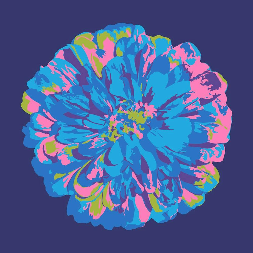 CHRYSANTHEMUMS Single Abstract Polka Dot Floral Summer Bright Flower in Blue Pink Purple Green on Dark Blue