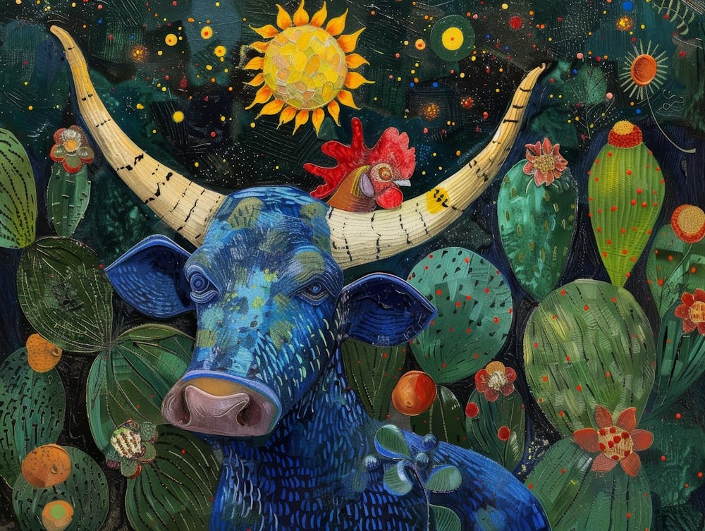 Blue Cow In Cactus
