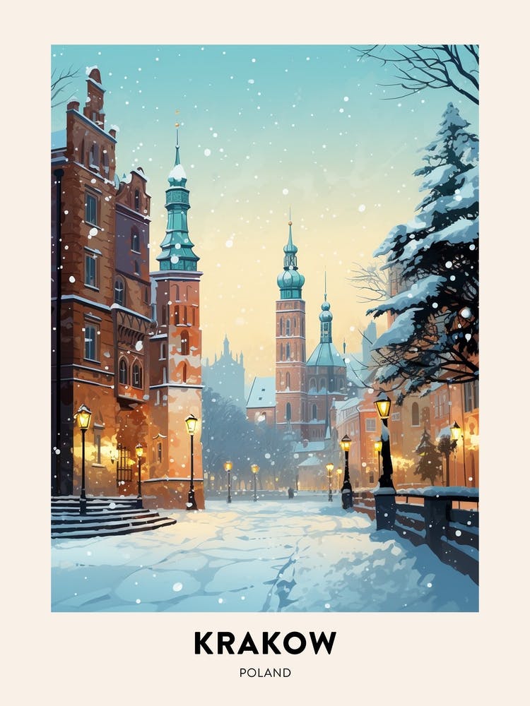 Winter Night  Travel Poster Krakow Poland 3