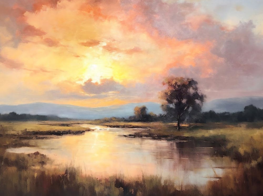 Vintage Country Landscape Oil Painting, Muted Country Field Wall Art, Rustic Sunset Landscape Print, Nature Printable Art, Digital Download
