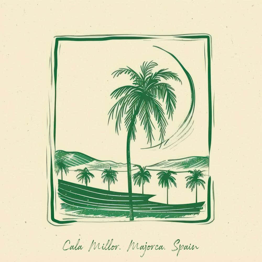 Cala Millor, Majorca, Spain Green Line Art Illustration