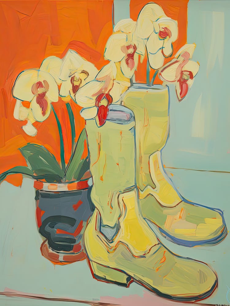 Painting Of Orange Flowers And Cowboy Boots, Oil Style 6