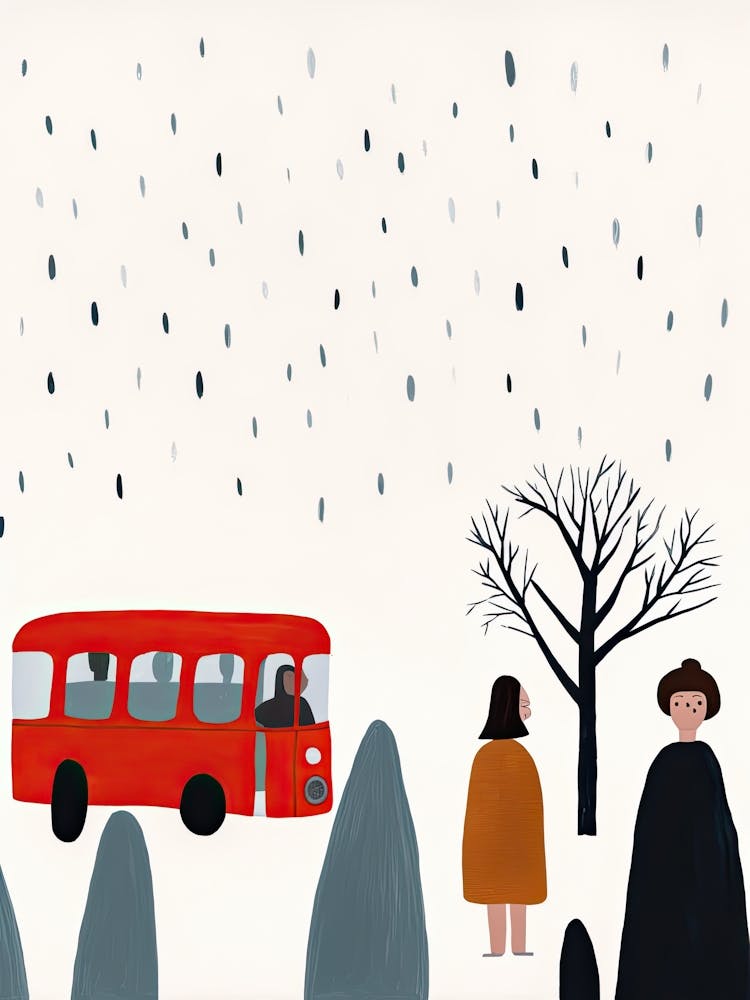 London Red Bus Scene, Tiny People And Illustration 1