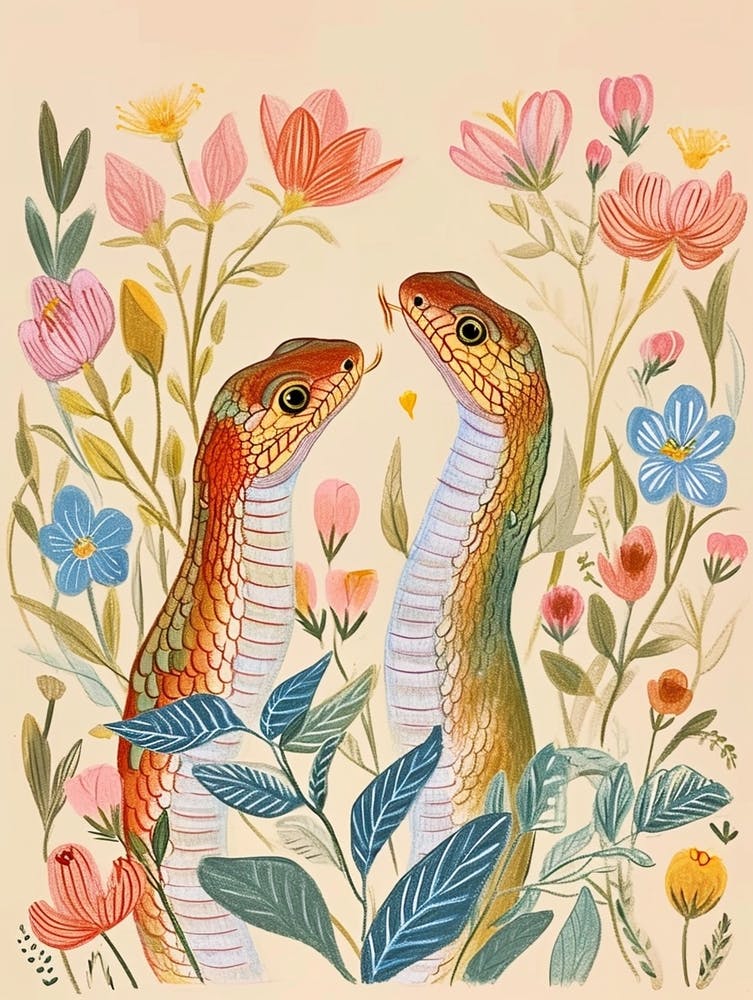 Folksy Floral Animal Drawing Snake