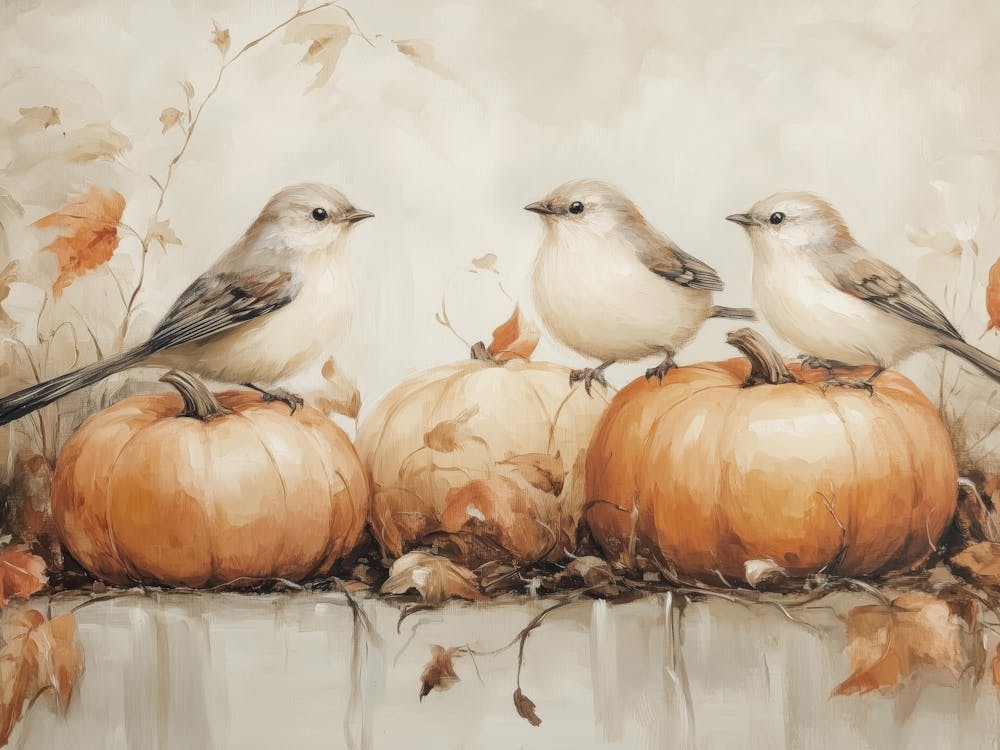Three Birds On Pumpkins