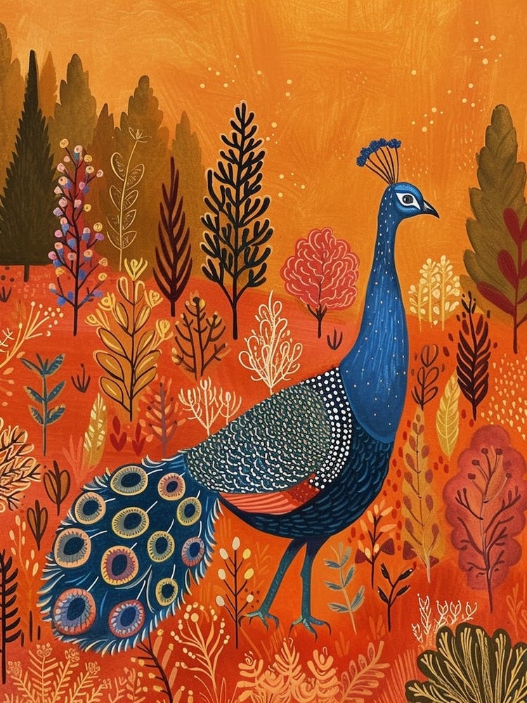 Folky Peacock In The Garden With Patterns 1