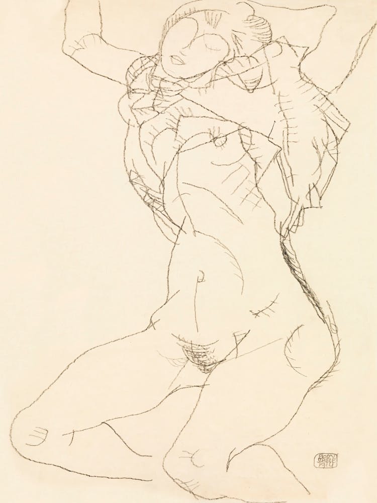 Woman Undressing; Semi Nude with Arms Raised (1914), Egon Schiele