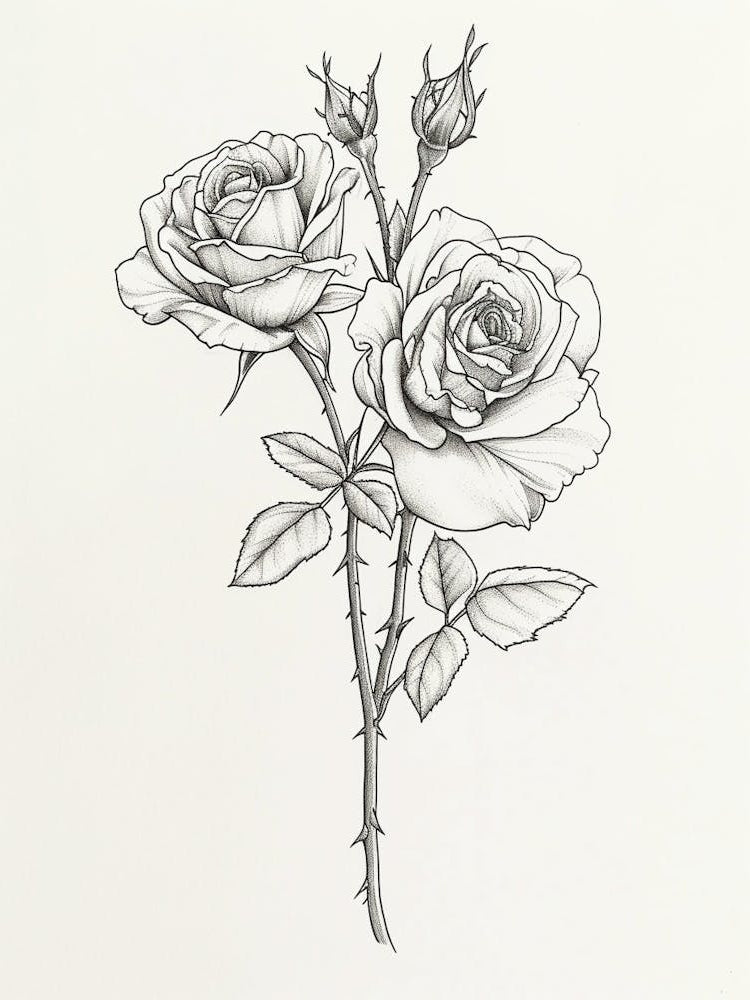 English Rose Black And White Line Drawing 14