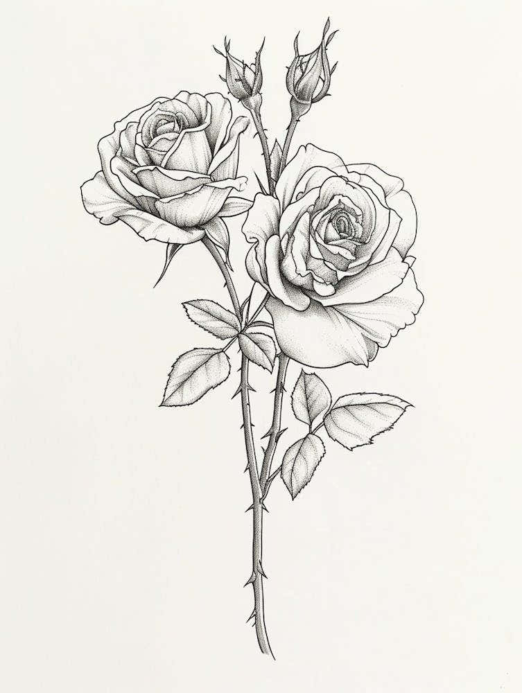English Rose Black And White Line Drawing 14