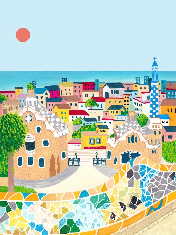 Barcelona art print, Spain poster, Park Guell wall art, Barcelona Poster, Travel print, Travel Art, Gifts