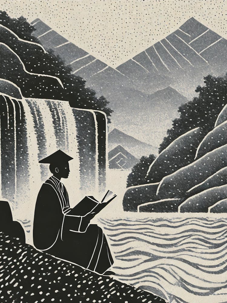 A Meditative Zen Monk Composing Poetry Beside A Waterfall Ukiyo-E Style