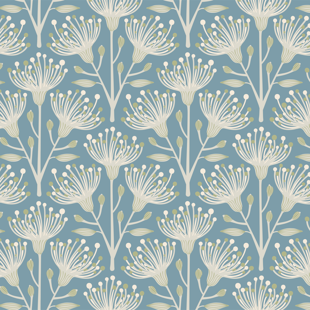 AUSTRALIAN EUCALYPTUS Floral Botanical in Light Blue Green White