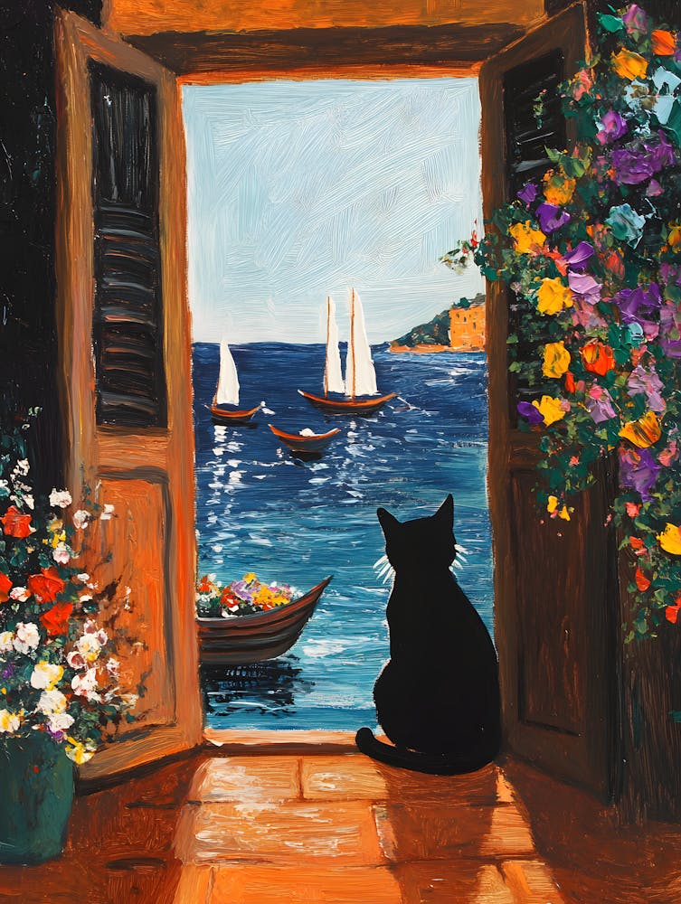 Oil Painting Black Cat Loves the Sea 1