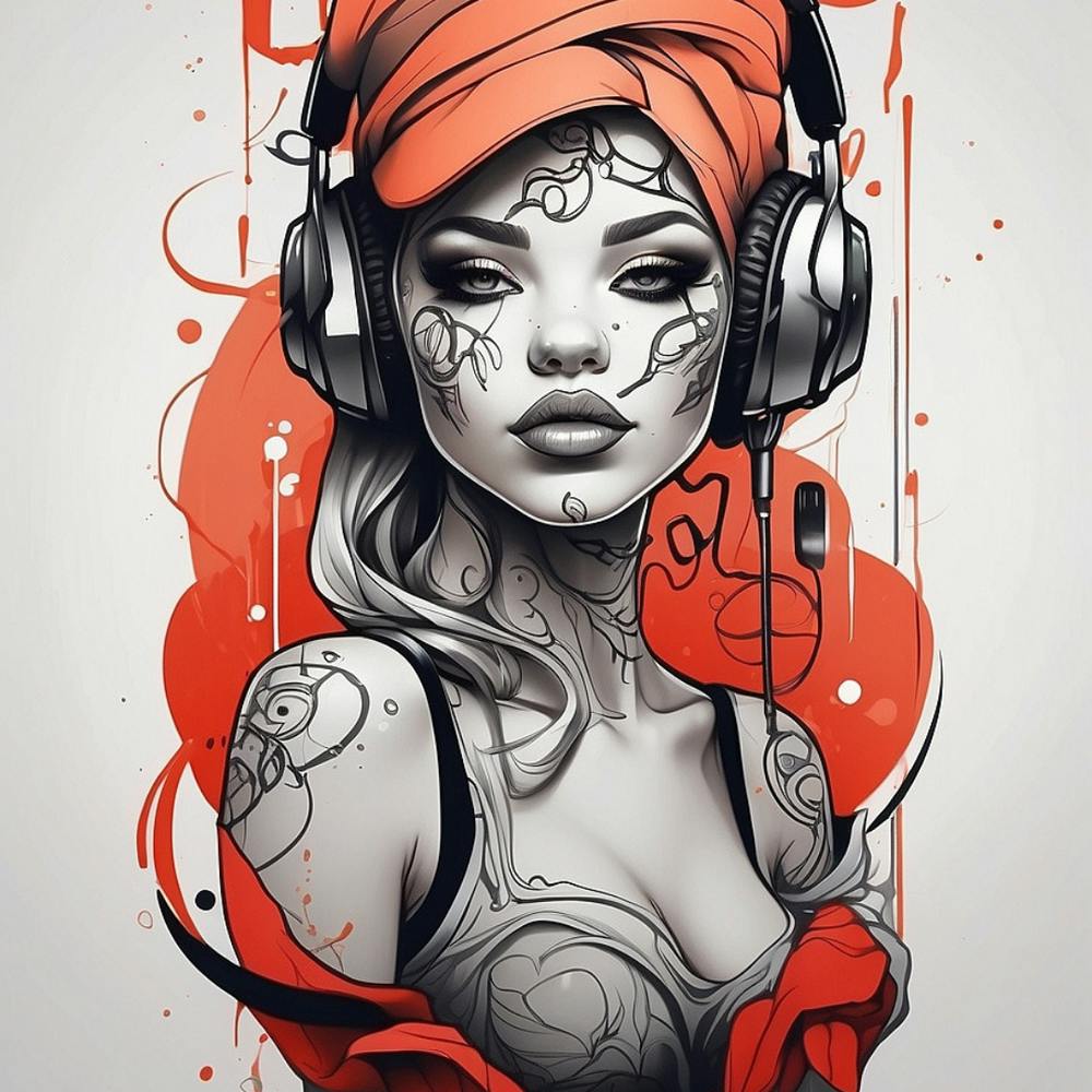 Tattooed Girl With Headphones