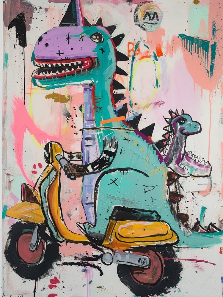 Dinosaur & Baby Dinosaur On A Motorbike