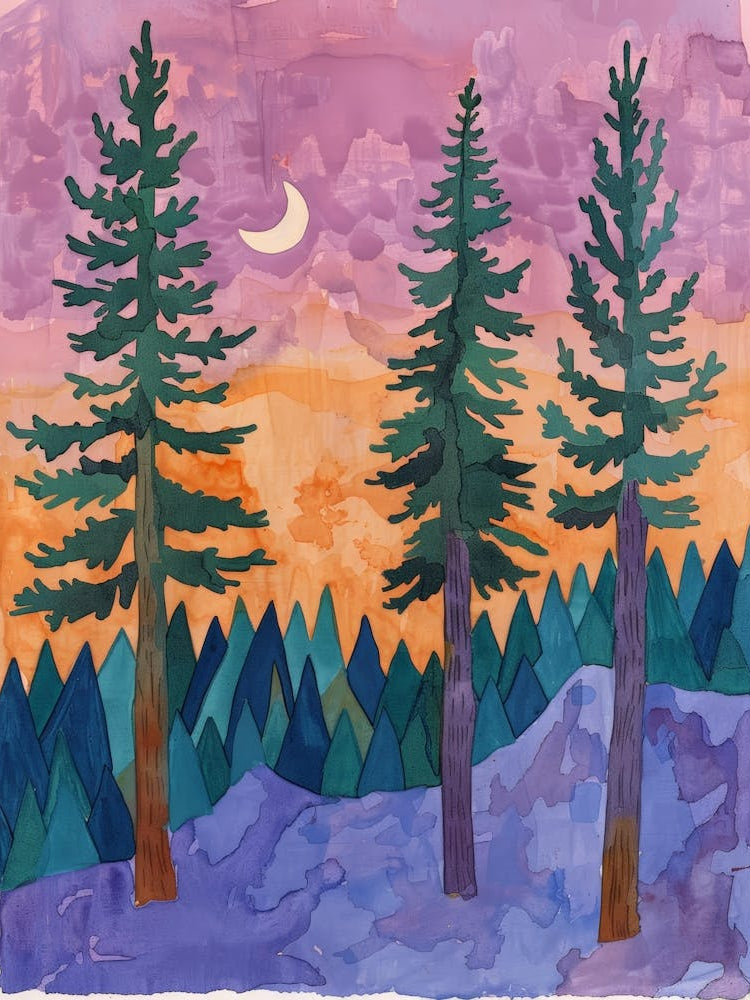 Three Pine Trees At Sunset