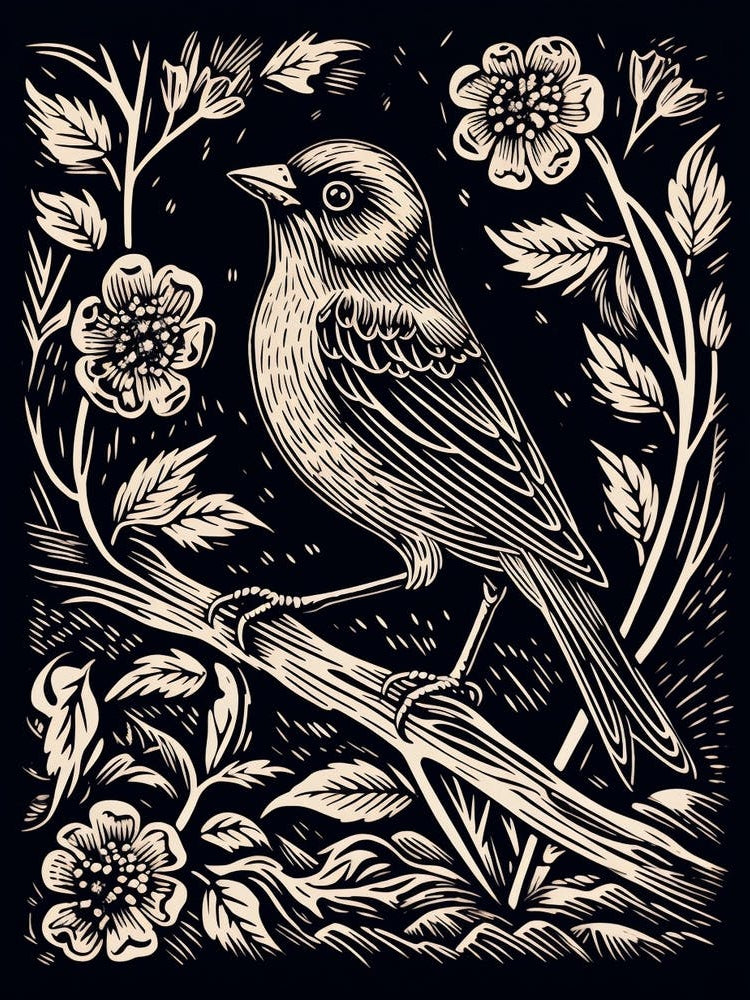 B&W Bird Linocut Finch 3