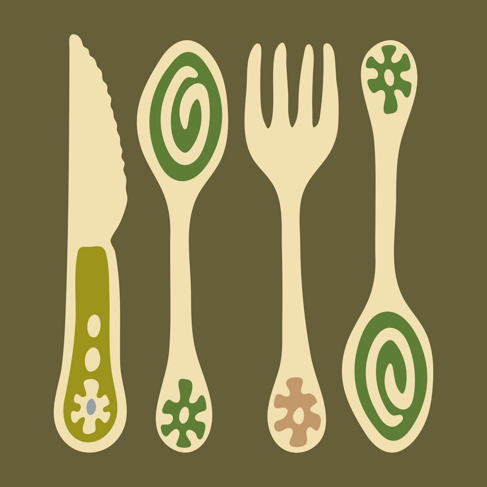 CUTLERY Pop Art Utensils Knife Spoon Fork in Vintage Retro Olive Beige Green on Moss Green Kitchen