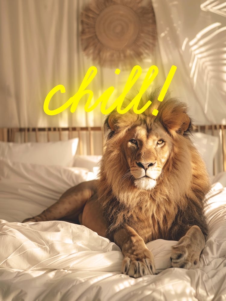 Lion on bed, neon Chill sign