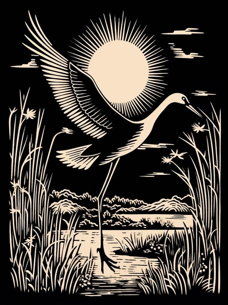 B&W Bird Linocut Crane 4