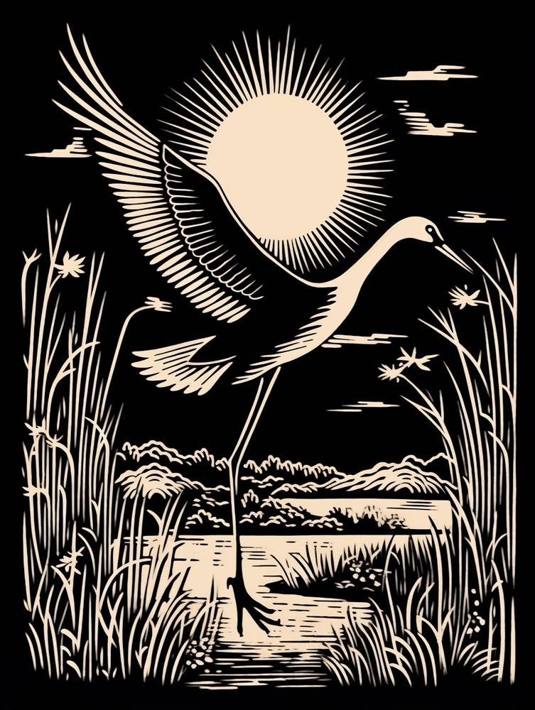 B&W Bird Linocut Crane 4
