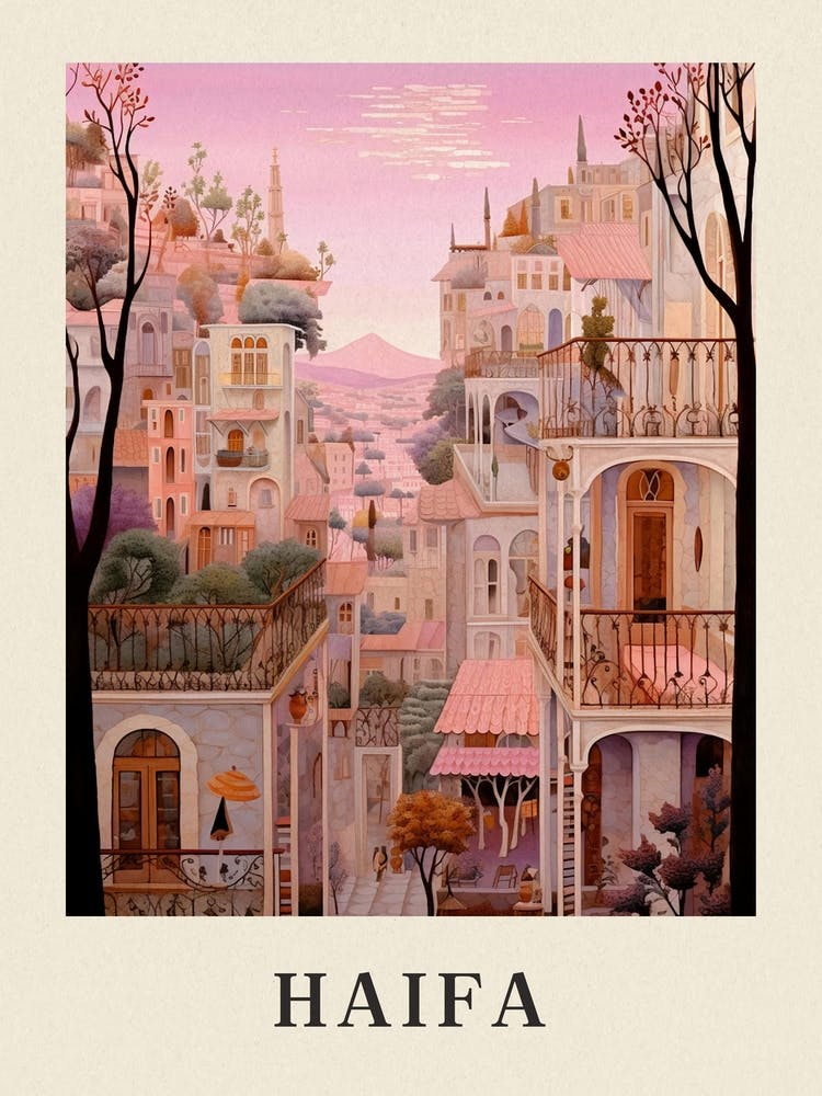Haifa Israel 1 Vintage Pink Travel Illustration Poster
