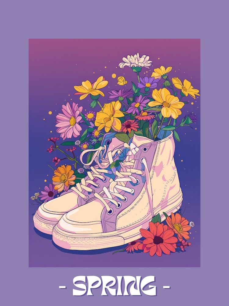 Spring Poster Retro Sneakers With Flowers 90s Illustration 2
