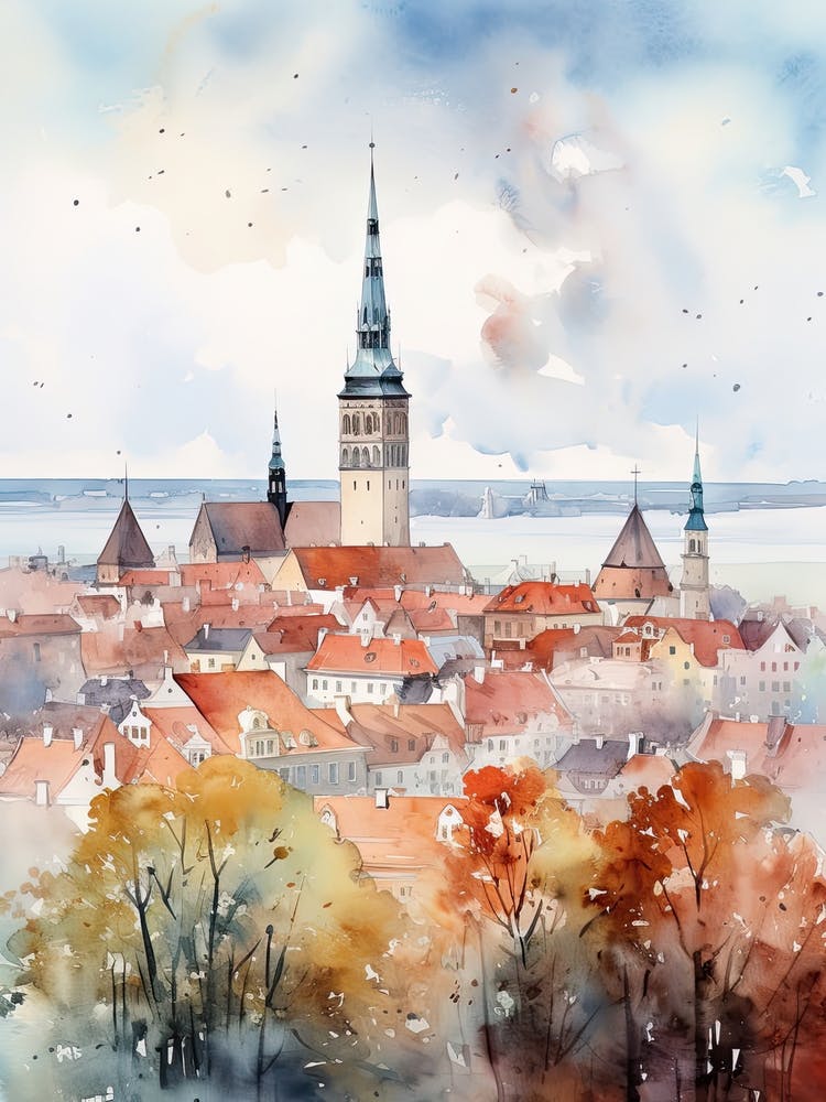 Tallinn Estonia In Autumn Fall, Watercolour 4