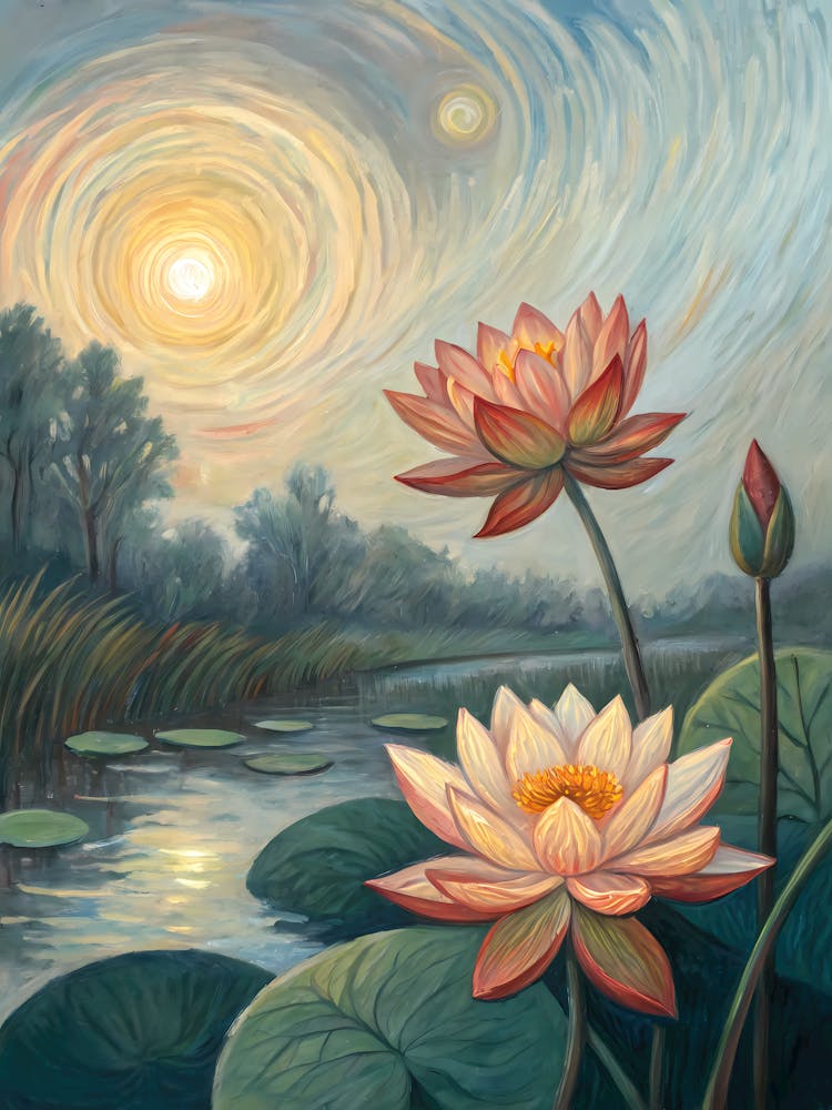 Van Gogh Lotus Pond Surreal Sunset & Swirling Sky
