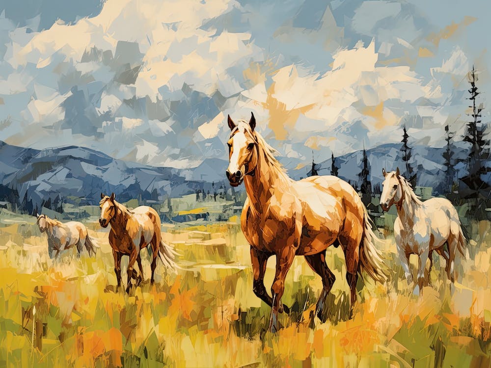 Horses Painting In Montana, Usa, Landscape 1