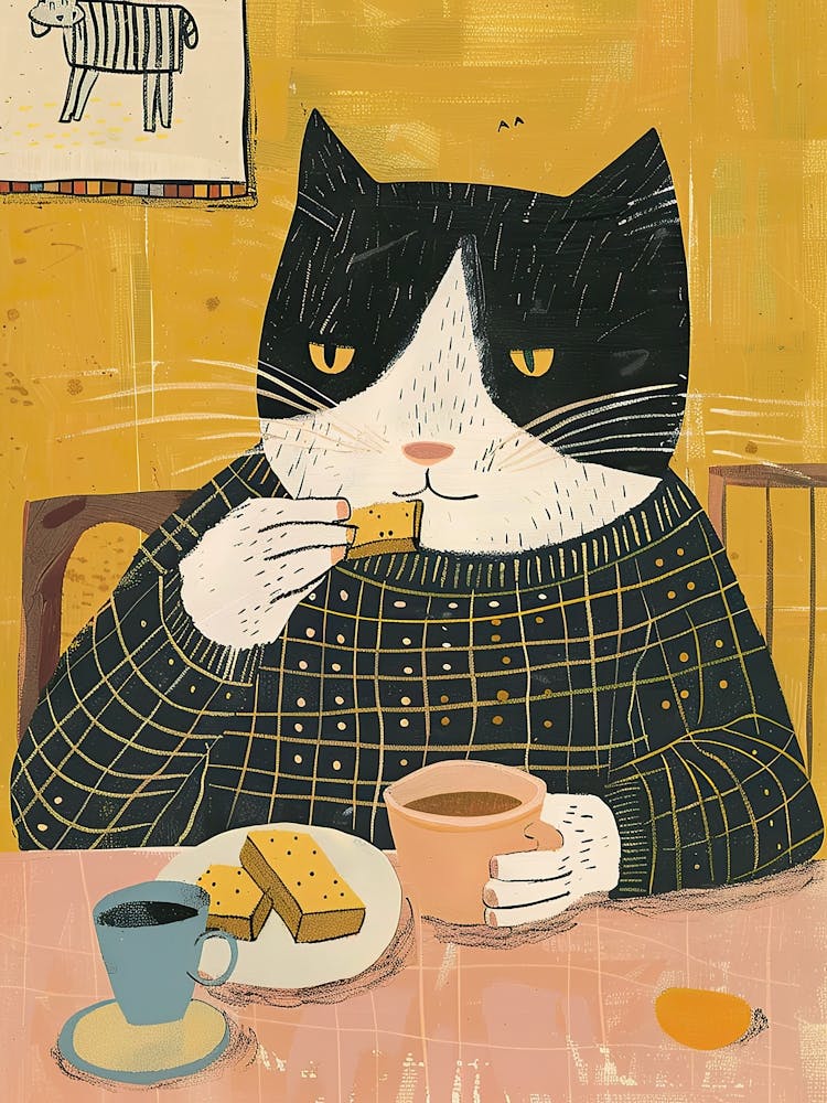 Black And White Cat Having Breakfast Folk Illustration 1
