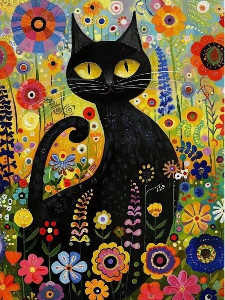 Black Cat In A Flower Garden 2
