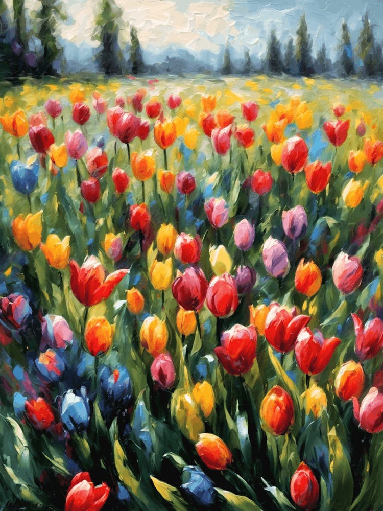 Rainbow of Tulips in the Meadow ~ Spring Oil Painting Vibrant Countryside Summer Landscape Feature Wall Decor - Botanical