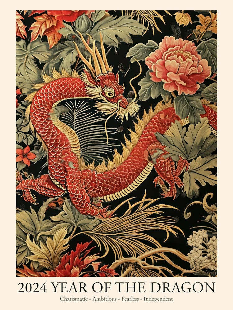 Lunar Year Of The Dragon 2024 Wall Poster Framed, Dragon Art Chinese Zodiac With Flowers