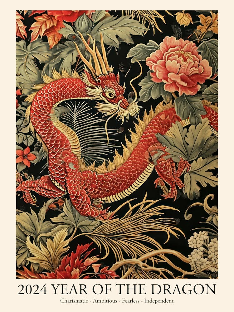 Lunar Year Of The Dragon 2024 Wall Poster Framed, Dragon Art Chinese Zodiac With Flowers